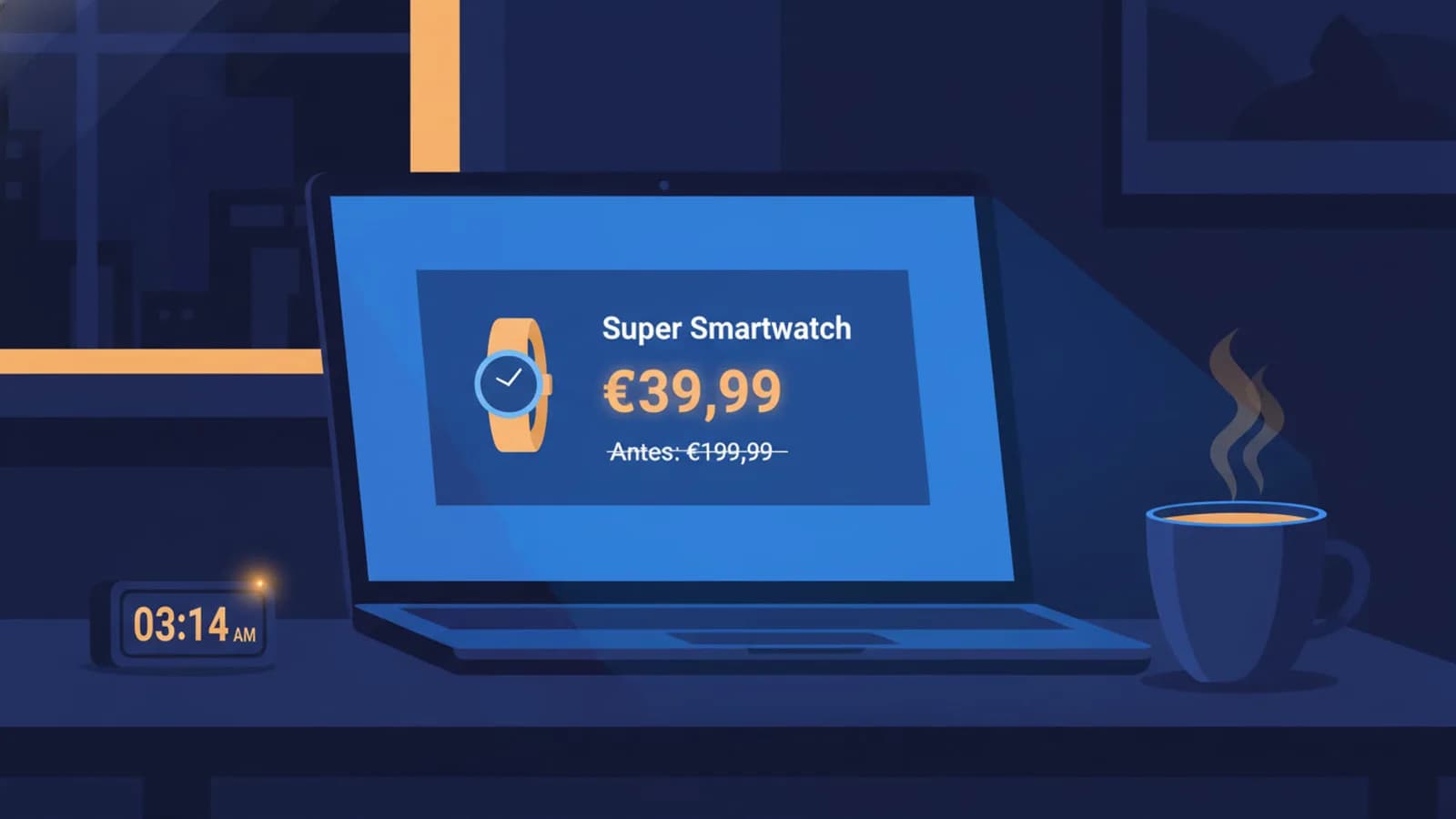 Pantalla de portátil de madrugada mostrando una página de Amazon con precio rebajado