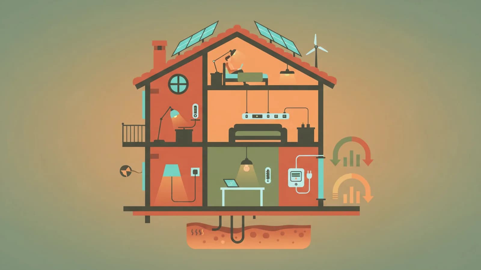 Sección transversal de una casa con dispositivos de ahorro energético y flechas de costes decrecientes