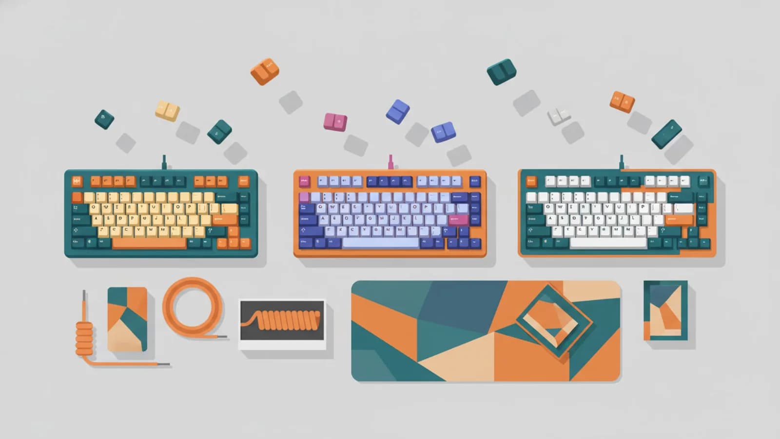 Teclados mecánicos de colores sobre un escritorio con teclas flotando en el aire
