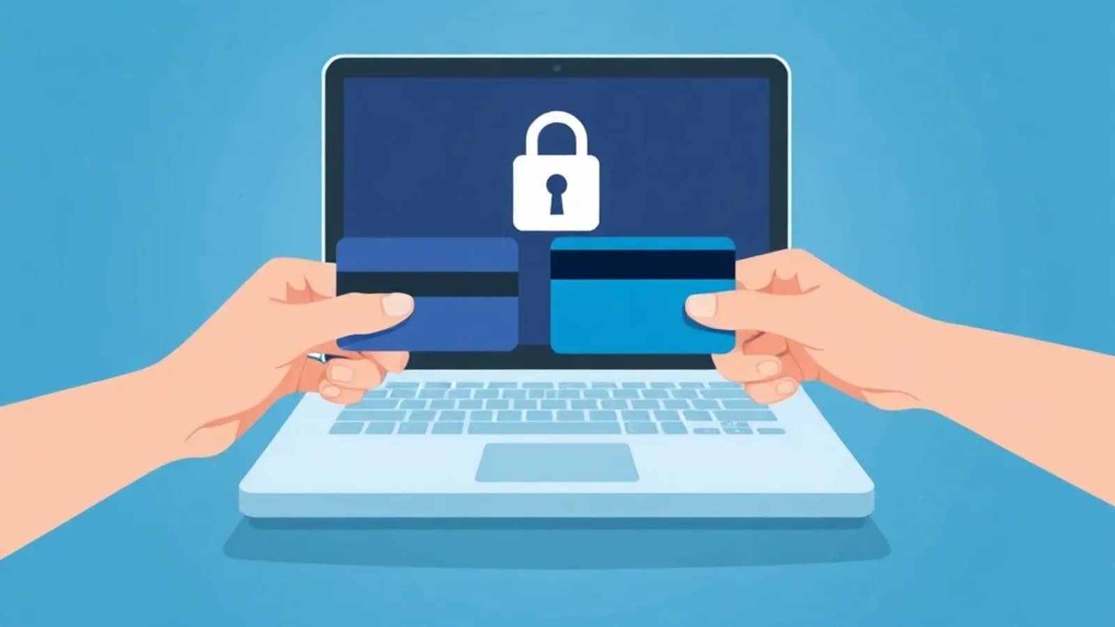 Manos sujetando una tarjeta ante un portátil con un candado de seguridad en pantalla