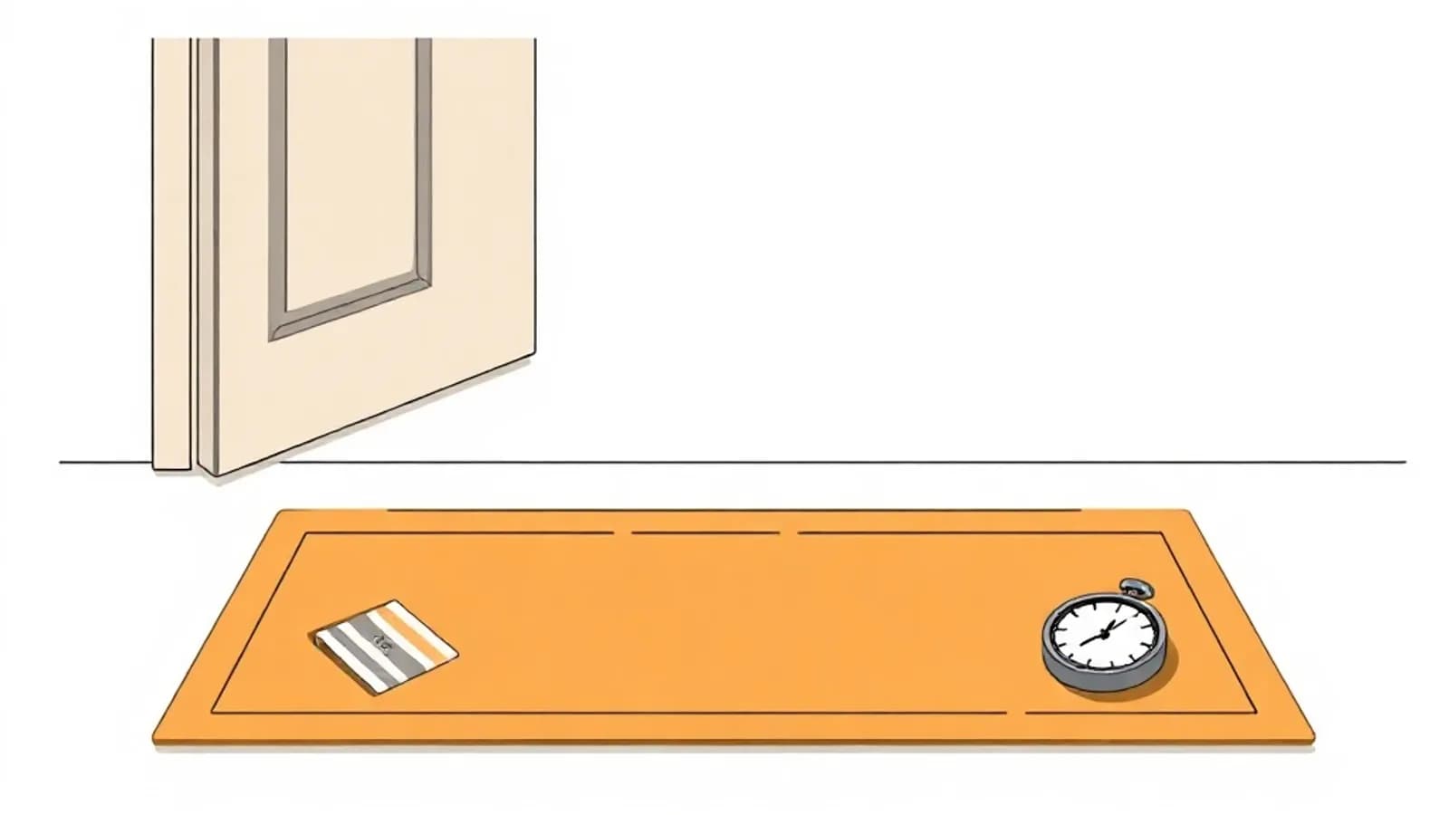 Felpudo de entrada vacío junto a una puerta con un aviso de paquete y un reloj