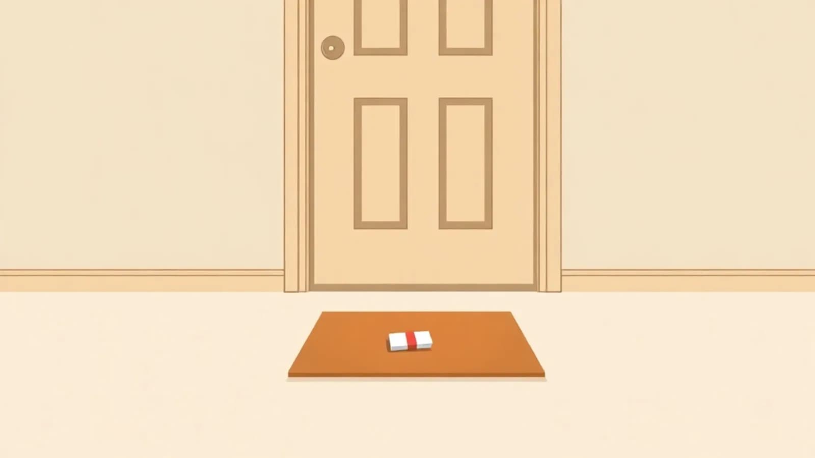 Felpudo vacío frente a una puerta con un aviso de entrega y ningún paquete