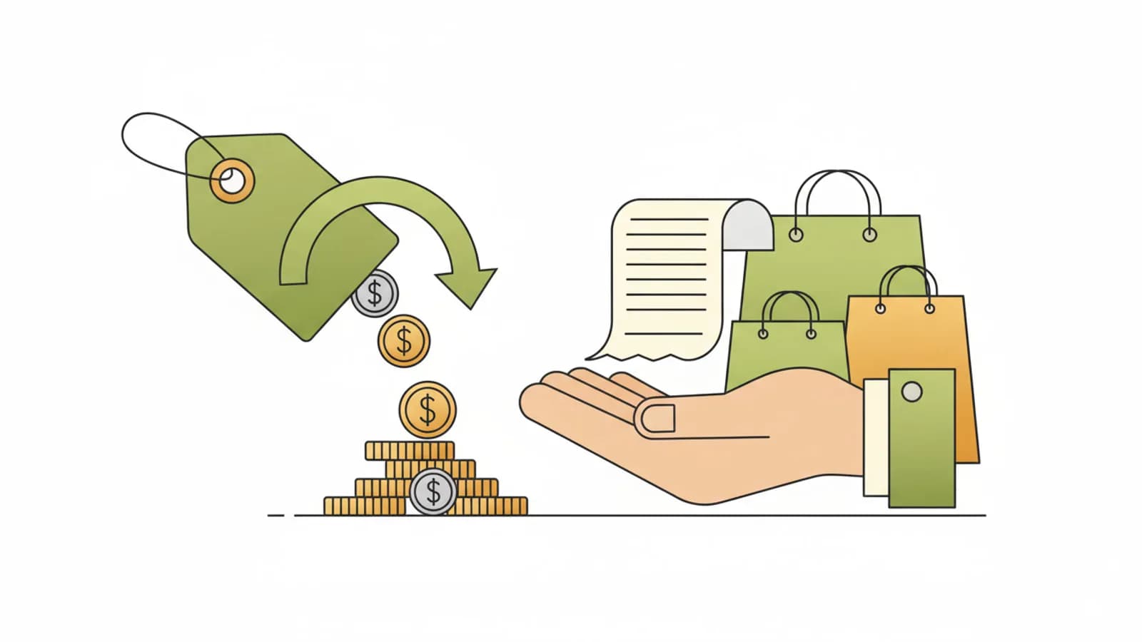 Etiqueta de precio con flecha descendente y monedas volviendo a la mano del comprador