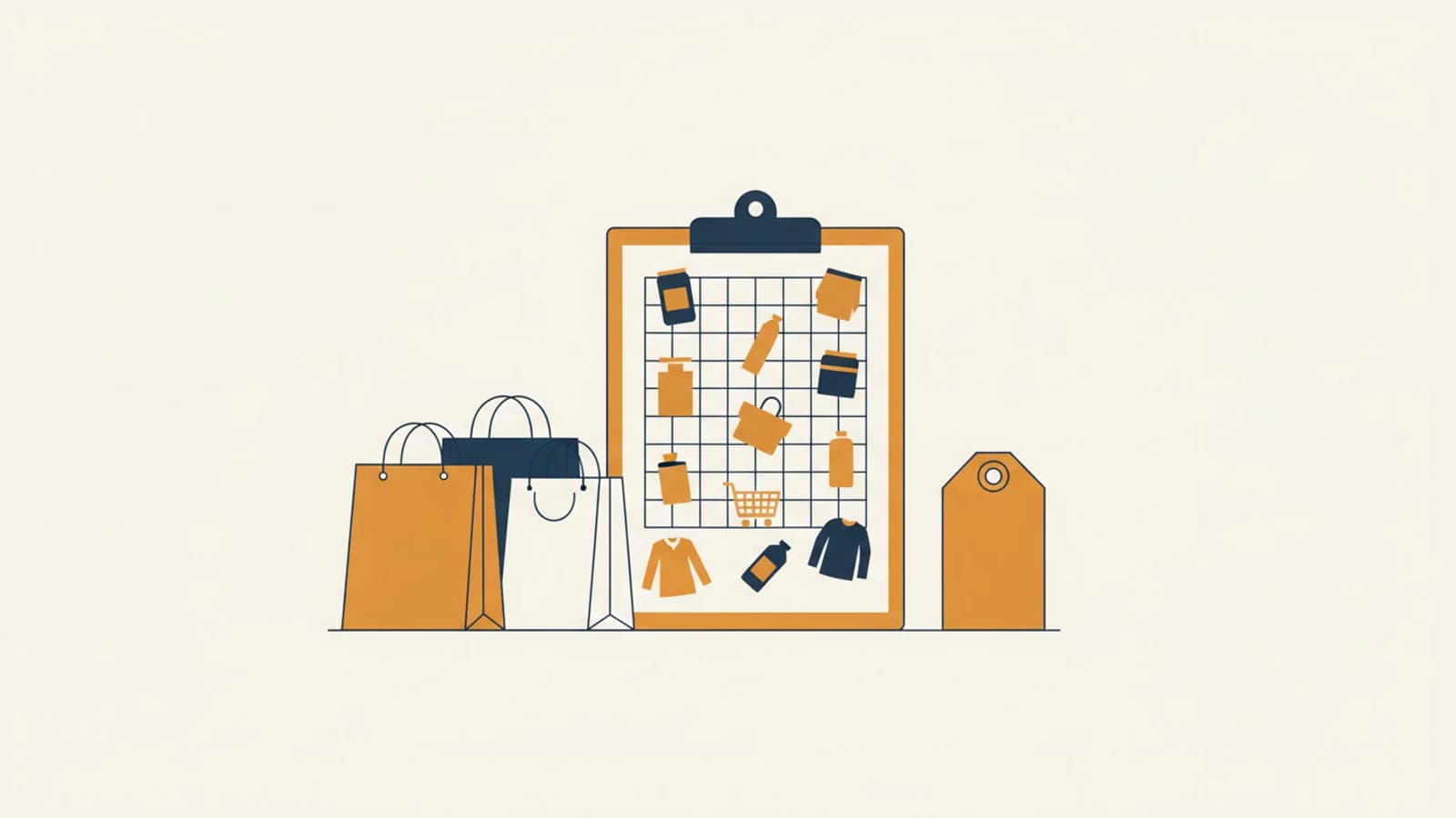 Tablero de planificación de compras junto a bolsas y una etiqueta en blanco