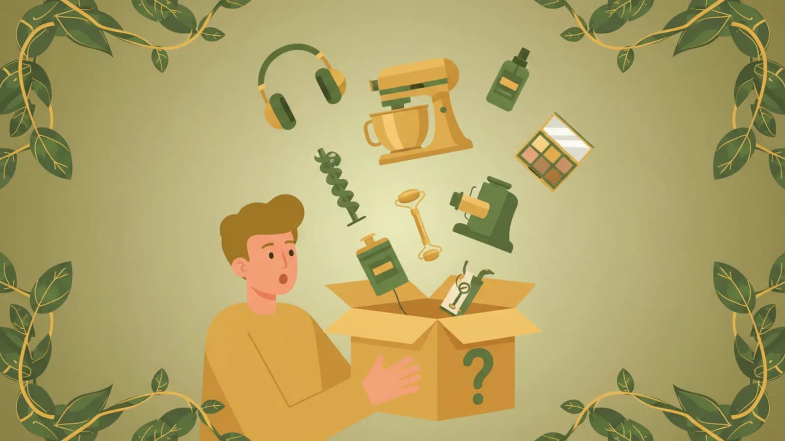 Persona abriendo una caja misteriosa con productos flotando y hojas de parra decorativas