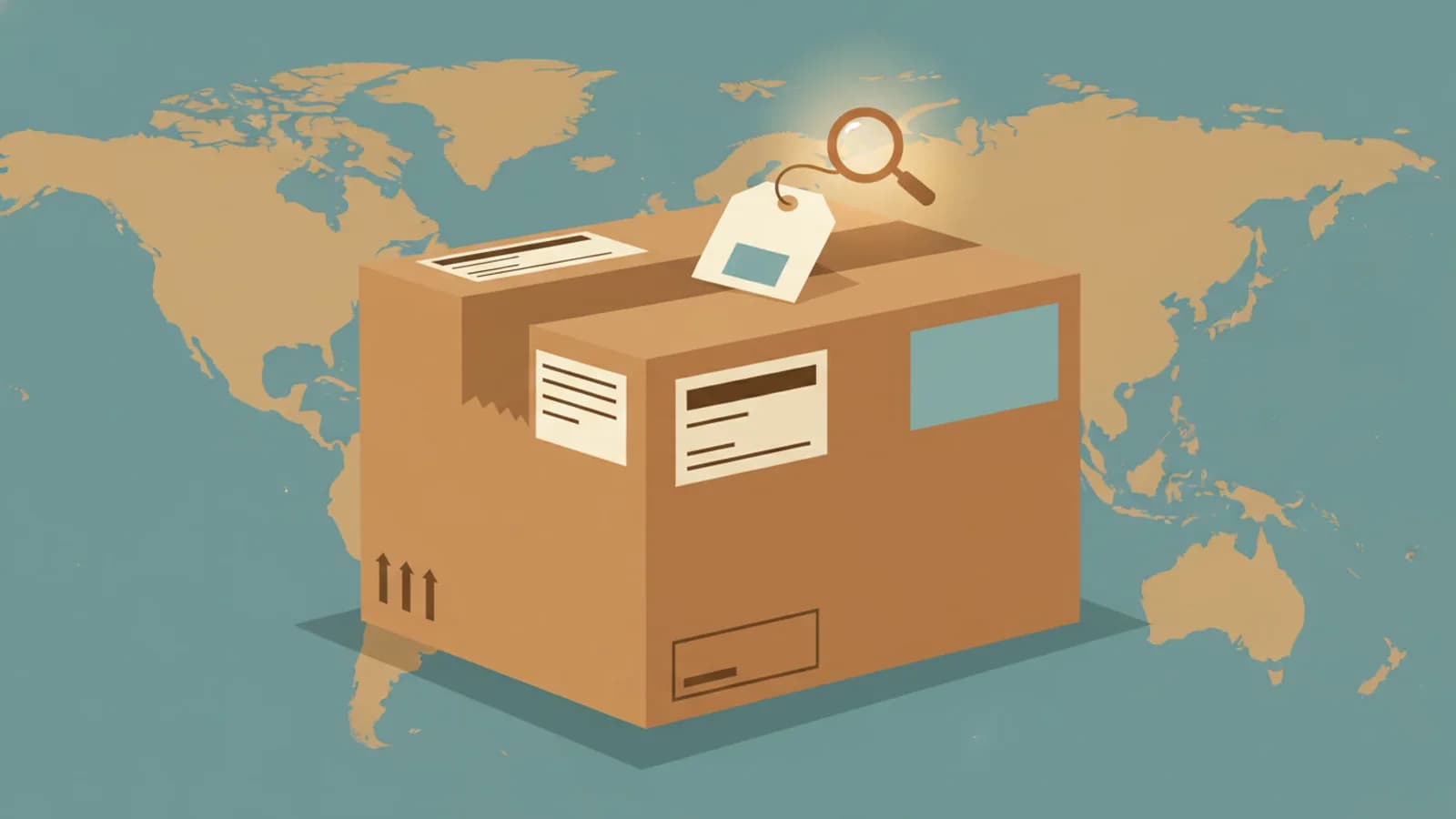 Caja con varias etiquetas de envio superpuestas viajando entre paises