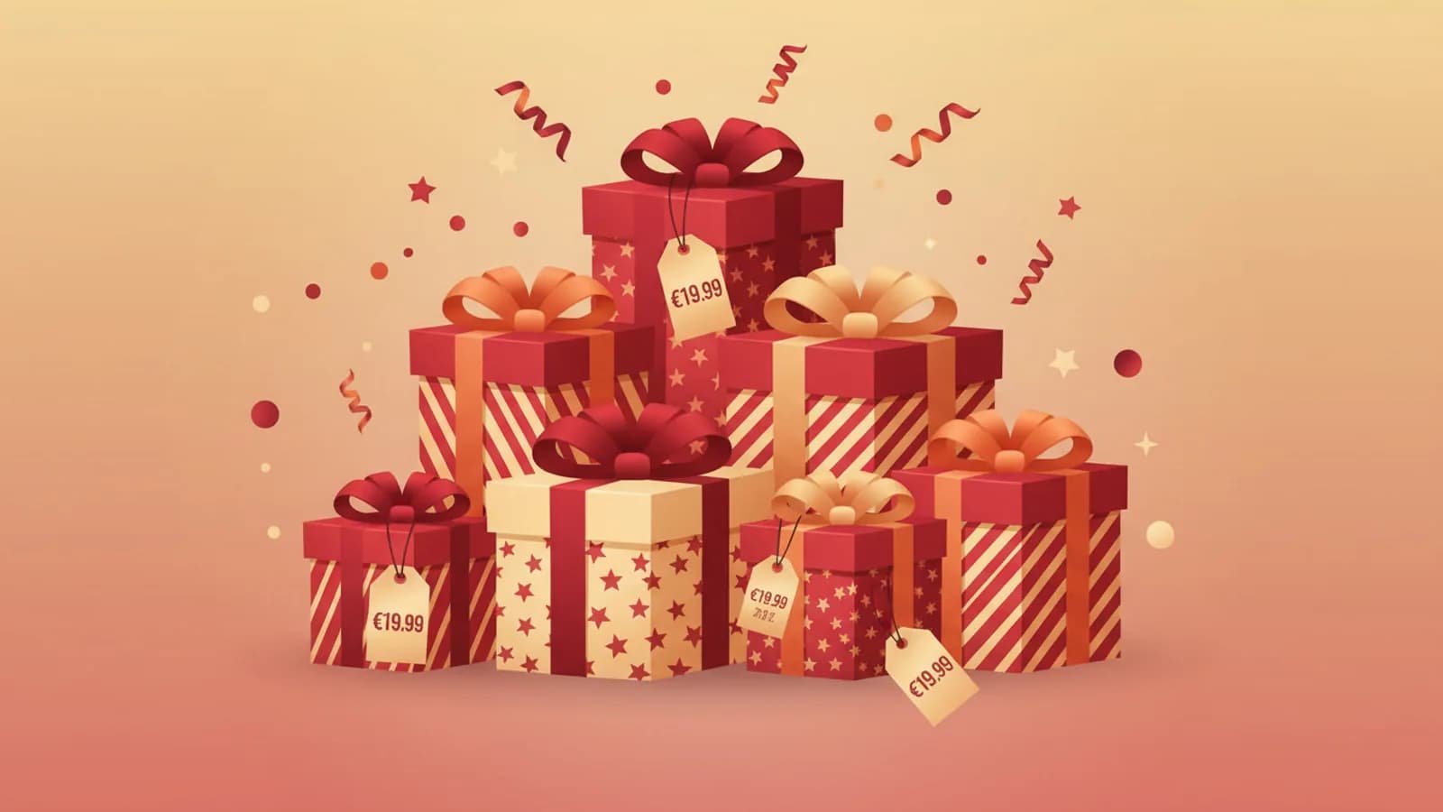 Cajas de regalo envueltas con lazos y etiquetas de precio por debajo de 20 euros