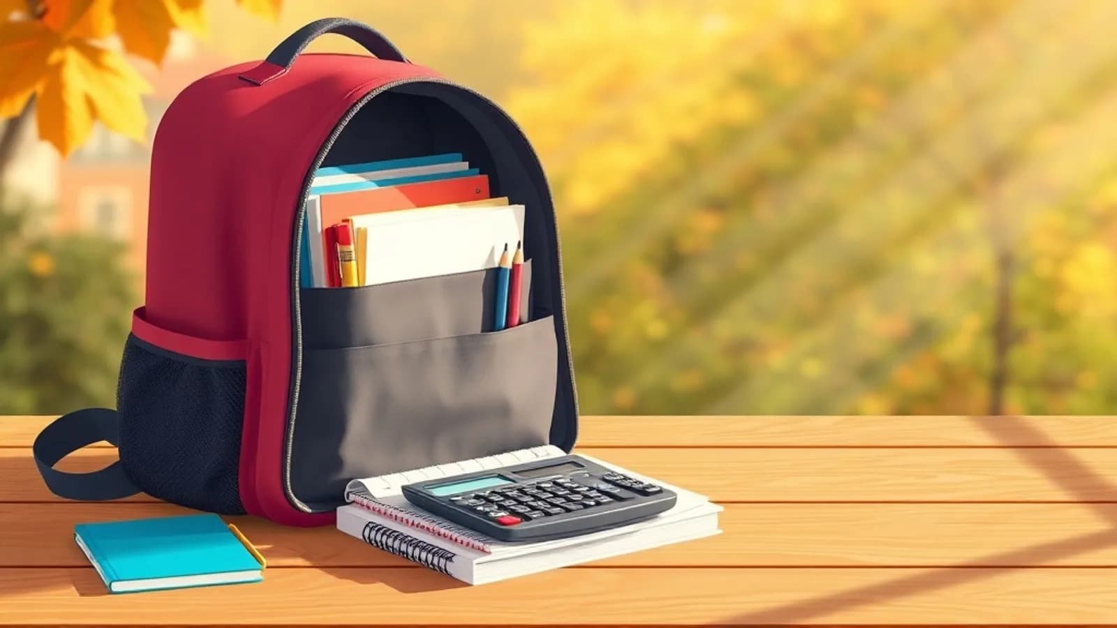 Mochila abierta con material escolar y una calculadora sobre una mesa de madera