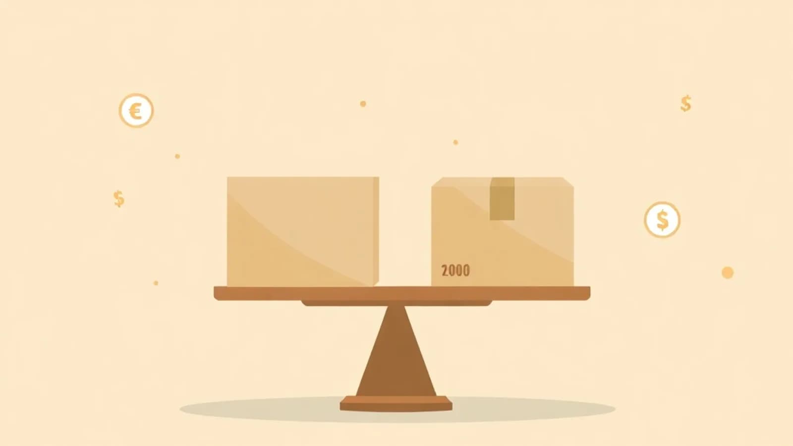 Dos cajas de carton en una balanza inclinandose ligeramente sobre un mapa de Europa