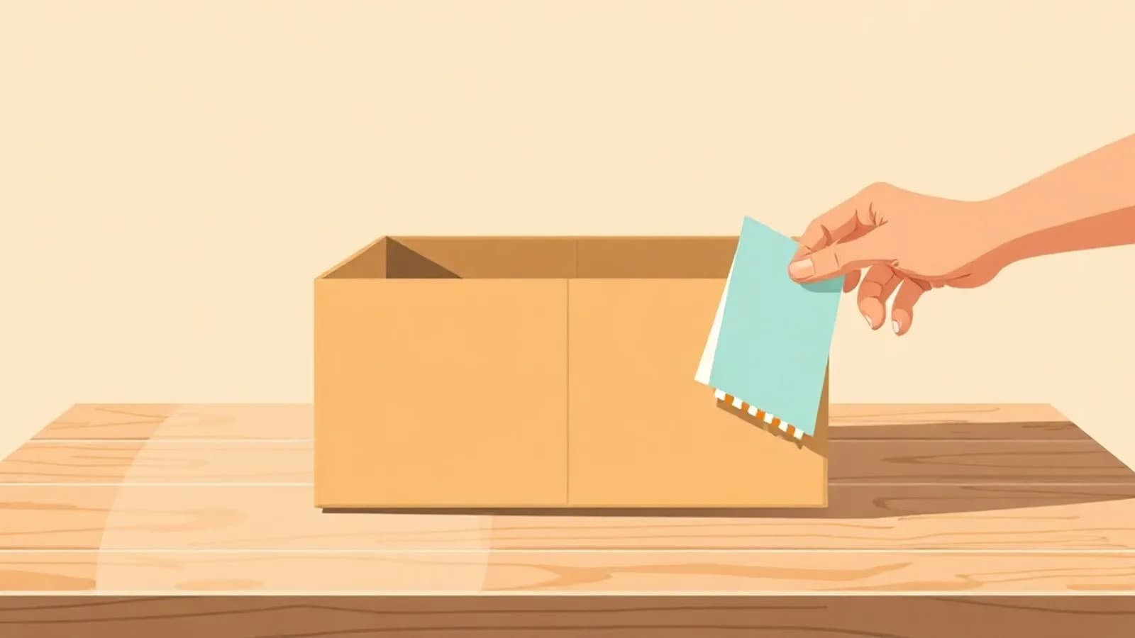 Caja de carton parcialmente abierta sobre una mesa con etiquetas de devolucion
